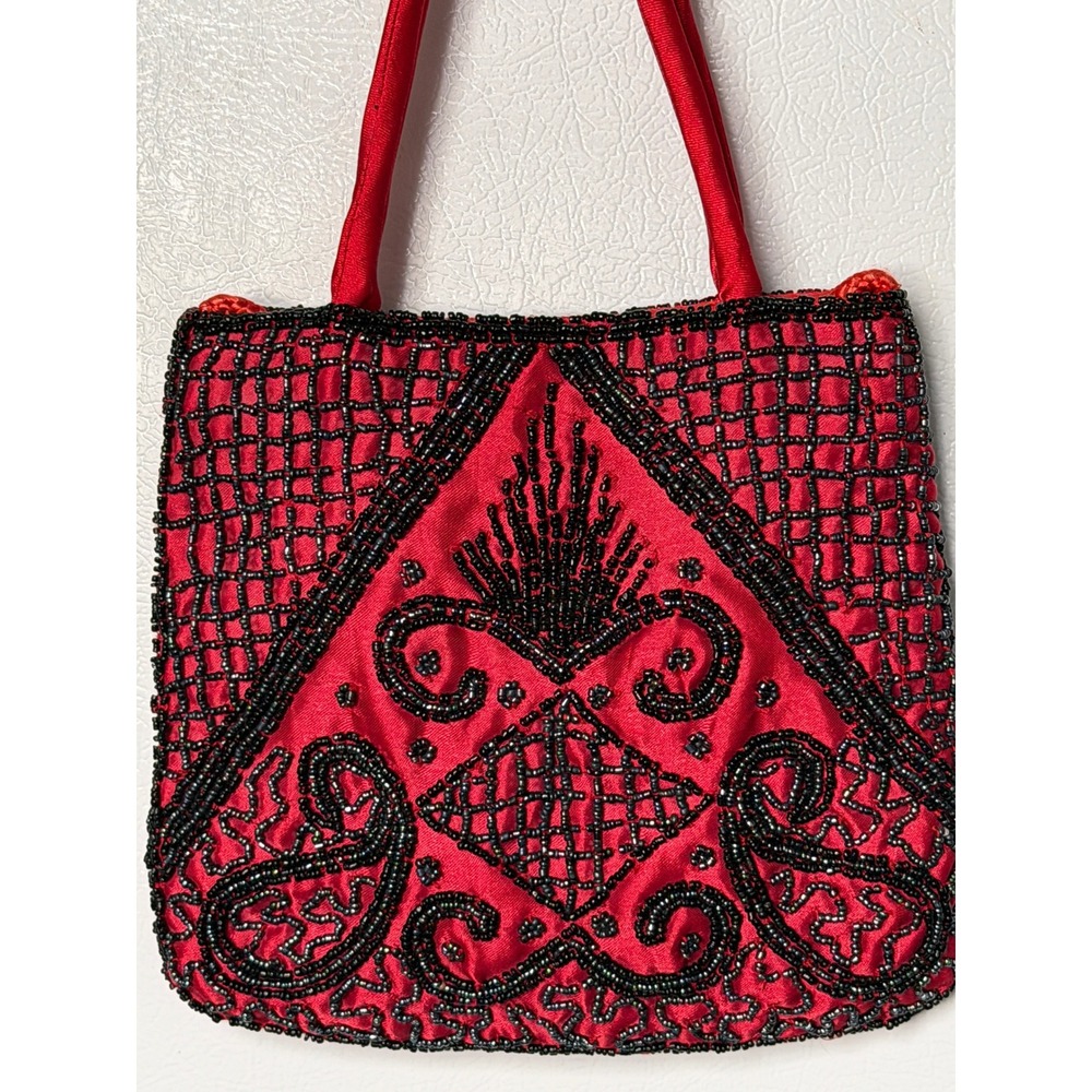 Vintage 90s Red Satin Hand Beaded Mini Handle Bag Crossbody Art Deco Elegant